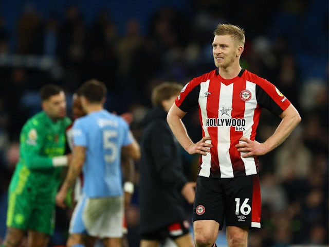 Brentford's Ben Mee looks dejected after the match on February 20, 2024