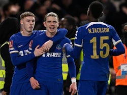 Chelsea's Conor Gallagher celebrates scoring their third goal with Nicolas Jackson and Cole Palmer on February 28, 2024