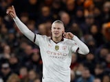 Manchester City's Erling Haaland celebrates scoring their first goal on February 27, 2024
