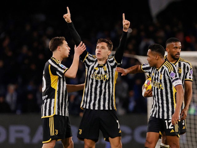 Juventus' Federico Chiesa celebrates scoring their first goal with teammates on March 3, 2024