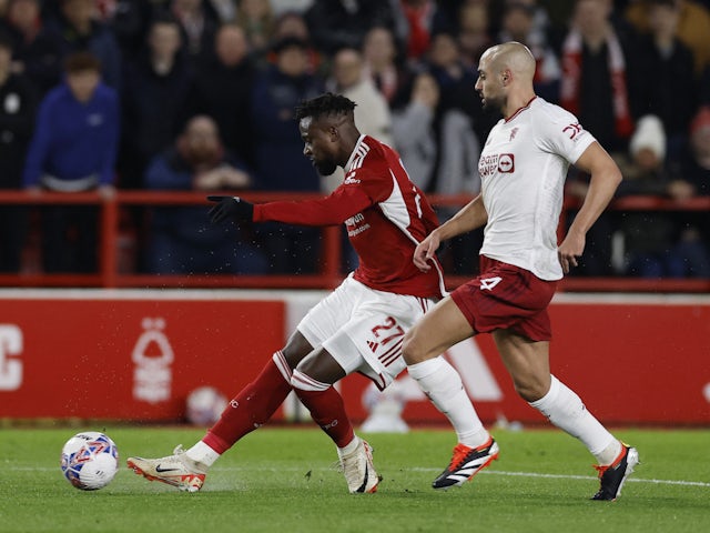 Nottingham Forest's Divock Origi in action with Manchester United's Sofyan Amrabat on February 28, 2024