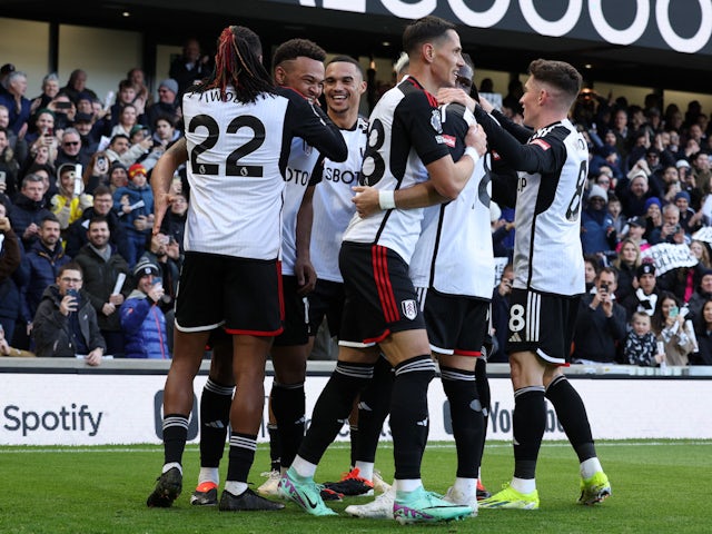 Fulham's Rodrigo Muniz celebrates scoring against Brighton & Hove Albion on March 2, 2024