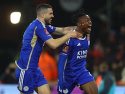 Leicester City's Fatawu Issahaku celebrates scoring their first goal on February 27, 2024