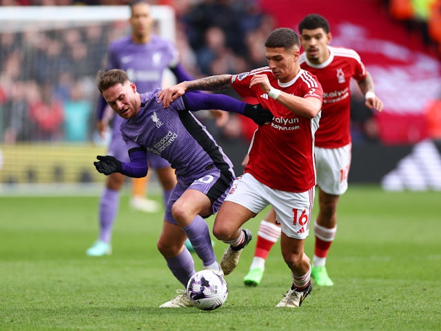 Liverpool's Alexis Mac Allister in action with Nottingham Forest's Nicolas Dominguez on March 2, 2024