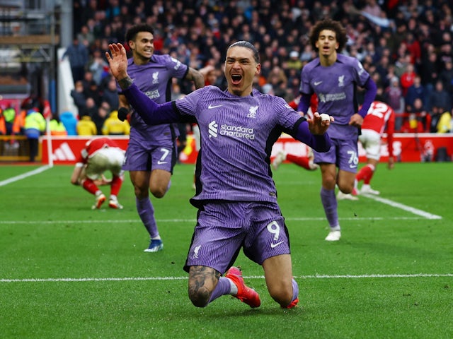 Liverpool's Darwin Nunez celebrates scoring their first goal on March 2, 2024
