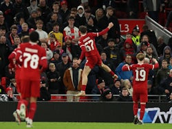 Liverpool's Lewis Koumas celebrates scoring their first goal with Harvey Elliott on February 28, 2024