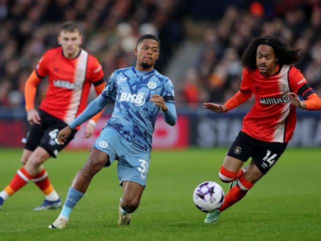 Aston Villa's Leon Bailey in action with Luton Town's Tahith Chong on March 2, 2024