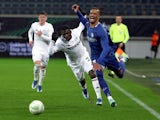Maccabi Haifa's Ali Mohamed in action with KAA Gent's Archie Brown on February 21, 2024