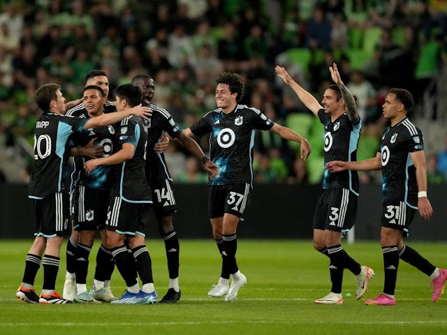 Minnesota United players celebrate after the match on February 25, 2024
