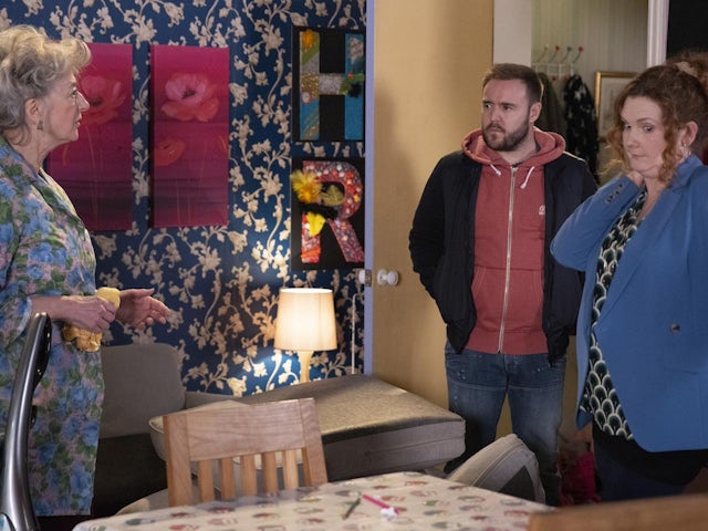 Evelyn, Tyrone and Fiz on Coronation Street on March 22, 2024