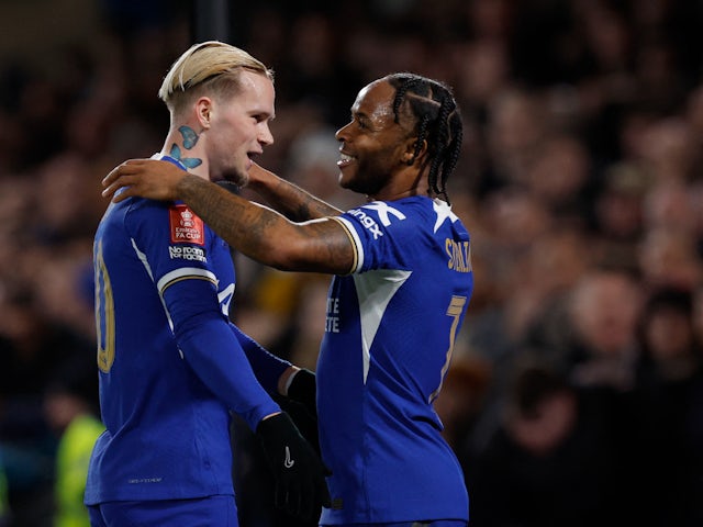 Chelsea's Mykhaylo Mudryk celebrates scoring their second goal with Raheem Sterling on February 28, 2024