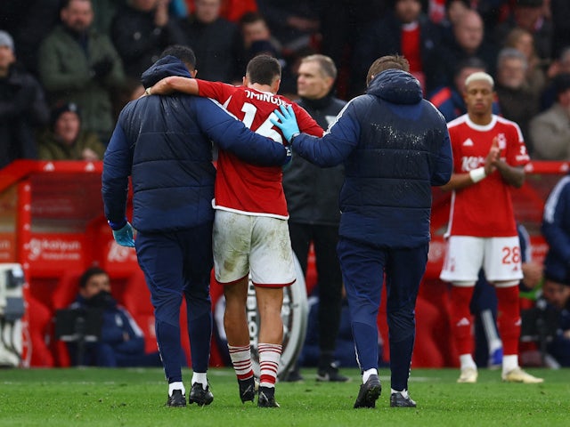 Nottingham Forest's Nicolas Dominguez walks off the pitch after sustaining an injury on March 2, 2024