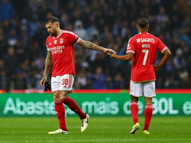 Benfica's Nicolas Otamendi walks off the pitch after being shown a red card on March 3, 2024