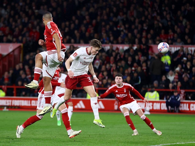 Manchester United's Scott McTominay heads at goal against Nottingham Forest on February 28, 2024