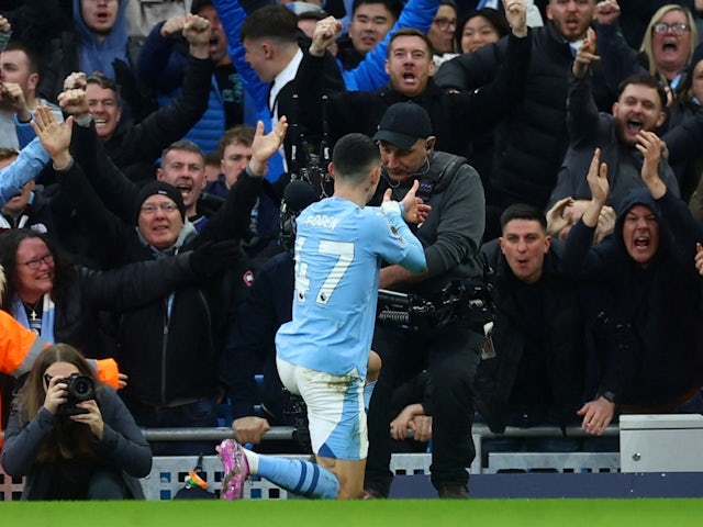 Manchester City's Phil Foden celebrates scoring their first goal on March 3, 2024