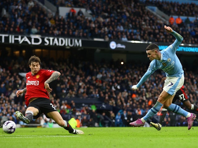 Manchester City's Phil Foden scores their second goal on March 3, 2024