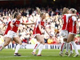 Arsenal Women's Alessia Russo celebrates scoring their first goal with teammates on March 3, 2024
