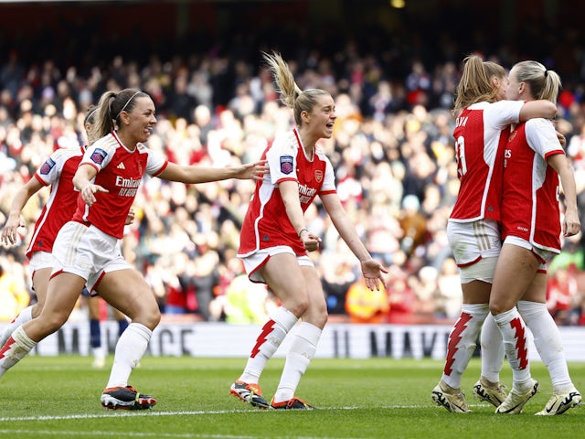 Arsenal Women's Alessia Russo celebrates scoring their first goal with teammates on March 3, 2024