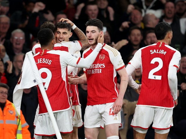 Arsenal's Kai Havertz celebrates scoring their second goal on March 9, 2024