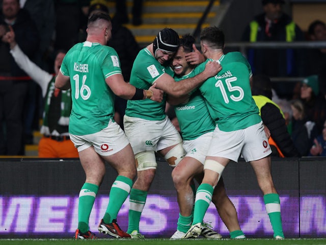 Ireland's James Lowe celebrates scoring their second try on March 9, 2024