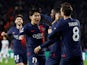 Paris Saint-Germain's Kylian Mbappe celebrates scoring their second goal with Lee Kang-in, Ousmane Dembele, Fabian Ruiz and teammates on March 5, 2024
