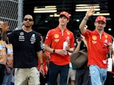Mercedes' Lewis Hamilton, Ferrari's Oliver Bearman and Ferrari's Charles Leclerc during the drivers parade ahead of the race on March 9, 2024