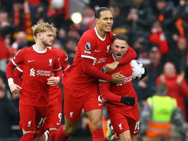 Liverpool's Alexis Mac Allister celebrates scoring their first goal on March 10, 2024