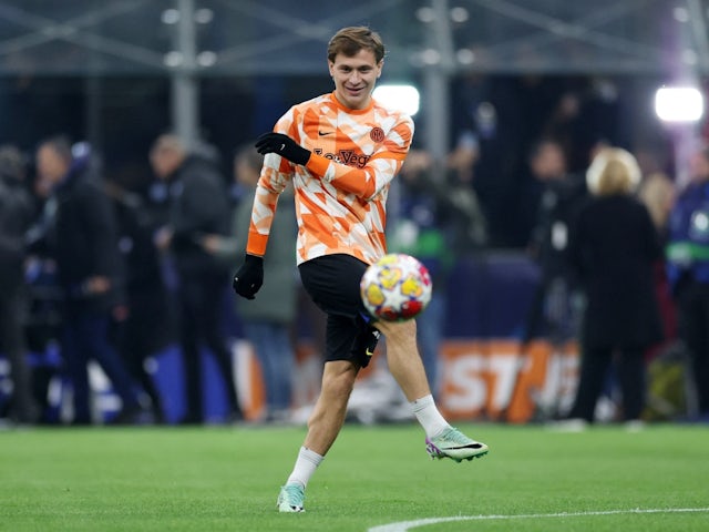 Inter Milan's Nicolo Barella during the warm up before the match on February 20, 2024