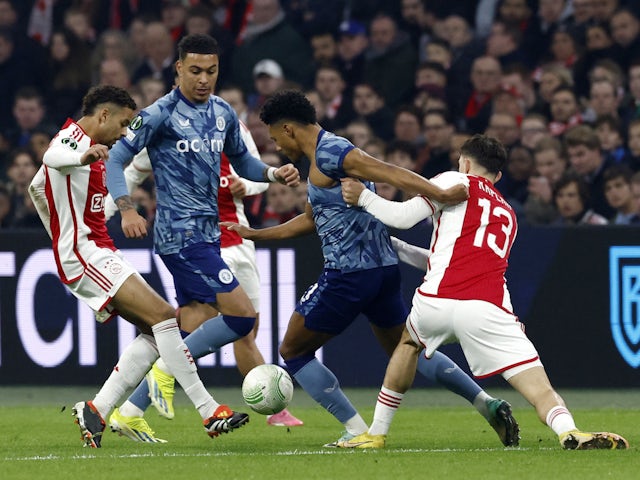 Aston Villa's Ollie Watkins in action with Ajax Amsterdam's Ahmetcan Kaplan on March 7, 2024