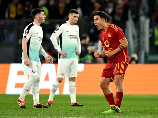 Roma's Paulo Dybala celebrates scoring their first goal on March 7, 2024