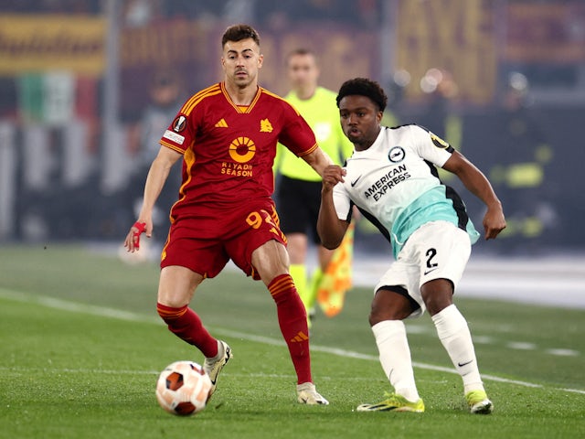 Roma's Stephan El Shaarawy in action with Brighton & Hove Albion's Tariq Lamptey on March 7, 2024