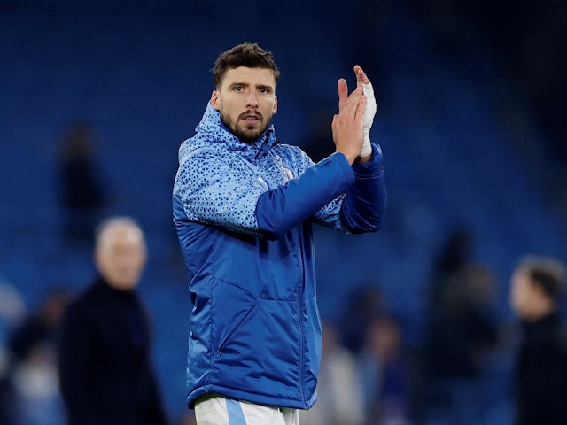 Manchester City's Ruben Dias applauds the fans after the match on March 6, 2024