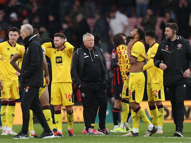 Sheffield United manager Chris Wilder, Oliver Norwood and Auston Trusty react after the match on March 9, 2024
