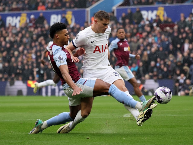 Aston Villa's Ollie Watkins in action with Tottenham Hotspur's Micky van de Ven on March 10, 2024