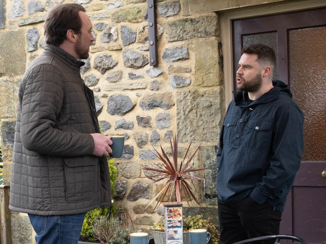 Liam and Aaron on Emmerdale on March 29, 2024