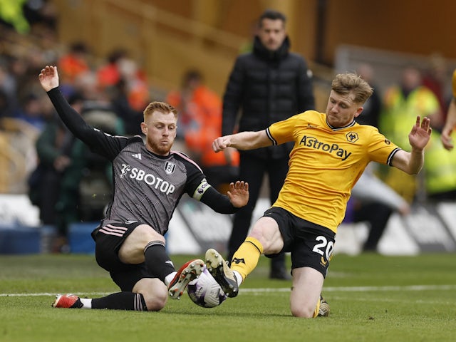 Fulham's Harrison Reed in action with Wolverhampton Wanderers' Tommy Doyle on March 9, 2024
