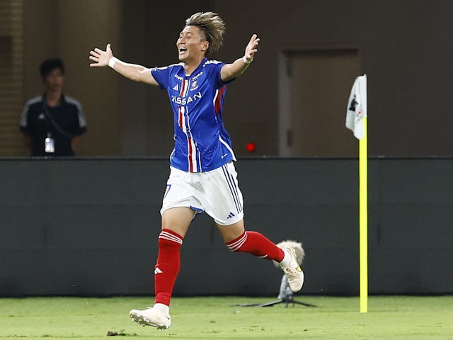Ken Matsubara celebrates a goal for Yokohama in a friendly versus Manchester City in 2023