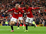Manchester United's Antony celebrates scoring their second goal with Amad Diallo on March 17, 2024