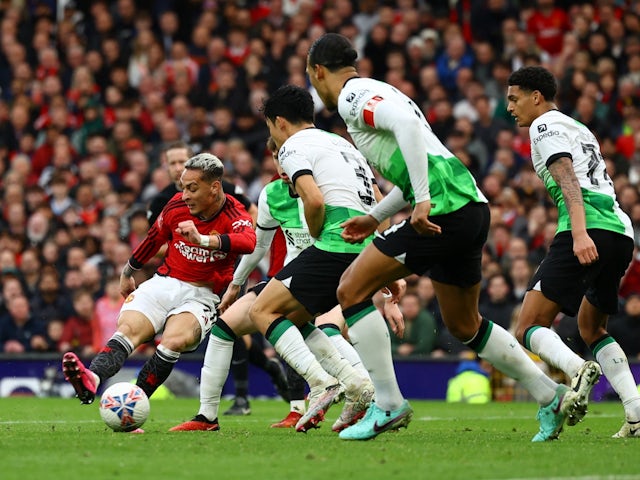 Manchester United's Antony scores their second goal on March 17, 2024