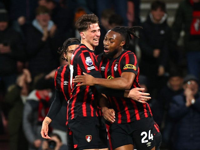 Bournemouth's Antoine Semenyo celebrates scoring their third goal on March 13, 2024