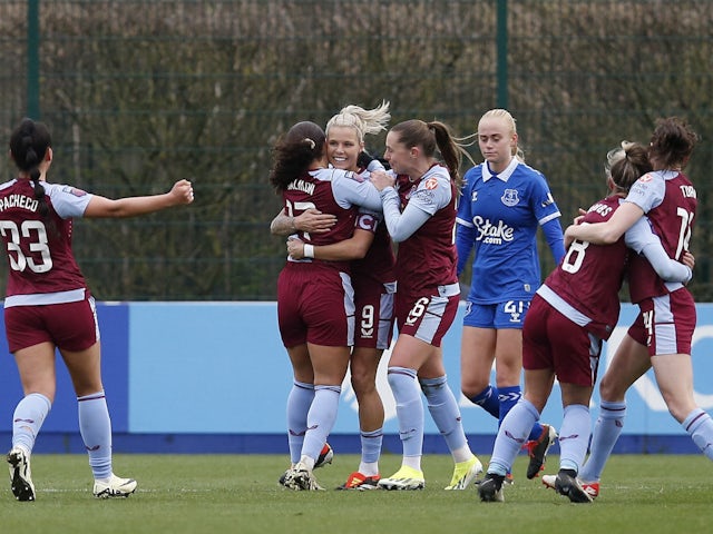 Aston Villa Women's Ebony Salmon celebrates scoring their second goal with teammates on March 16, 2024