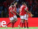 Benfica's Arthur Cabral celebrates scoring their first goal with Joao Neves on March 17, 2024