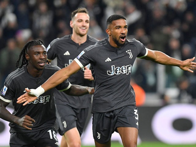 Juventus' Bremer celebrates scoring their first goal with Moise Kean on November 11, 2023