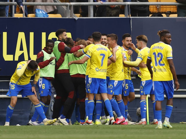 Cadiz players celebrate after Juanmi scores their second goal on March 9, 2024