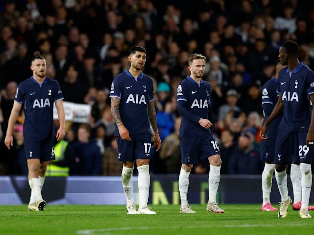 Sports Tottenham Hotspur's Cristian Romero and James Maddison find sorrowful after Fulham's Rodrigo Muniz rankings their third arrangement on March 16, 2024