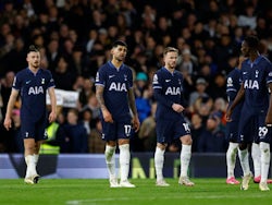 Tottenham Hotspur's Cristian Romero and James Maddison look dejected after Fulham's Rodrigo Muniz scores their third goal on March 16, 2024
