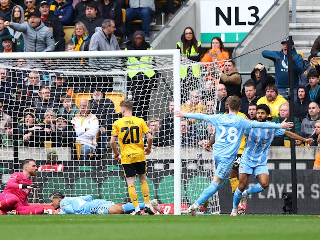 Coventry City forward Ellis Simms celebrates scoring against Wolverhampton Wanderers on March 15, 2024.