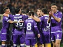 Fiorentina's Luca Ranieri celebrates scoring their first goal with teammates on March 10, 2024