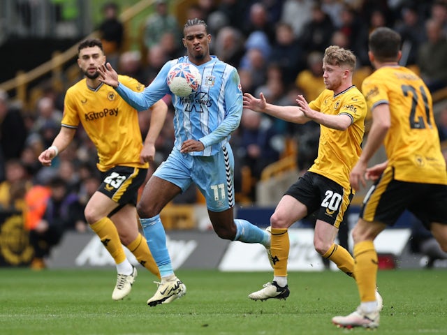 Coventry City forward Haji Wright in action against Wolverhampton Wanderers on March 15, 2024.
