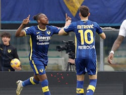 Hellas Verona's Tijjanni Noslin celebrates scoring their first goal on March 17, 2024